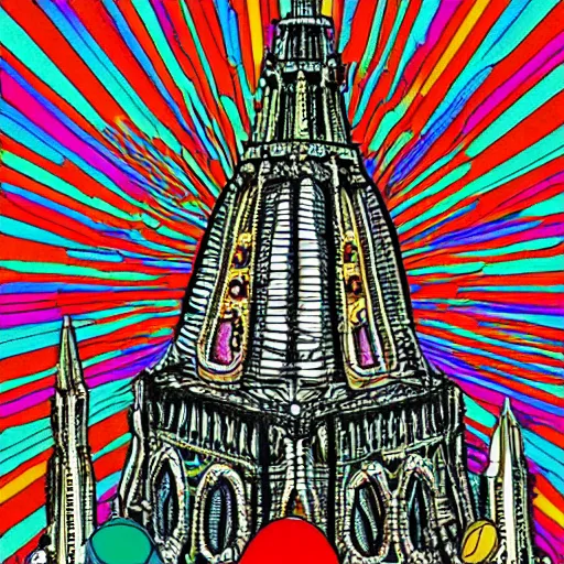 Image similar to psychedelic mole antonelliana in the style of robert crumb, with hallucinogenic mushrooms in the background, vivid colours