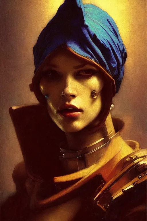 Image similar to full character portrait max mad cyberpunk warhammer 4 0 k, tech priest not the girl with the pearl earring character design, painting by gaston bussiere, katsuya terada, wyeth, greg rutkowski, craig mullins, ( ( ( ( ( vermeer ) ) ) ) ), frank frazetta, mucha, tom of finland, trending on artstation