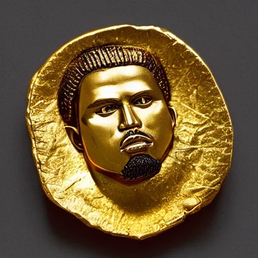 Prompt: an ancient roman gold coin with the face of kanye west, close up photo, ultra realistic, studio photo, bokeh.