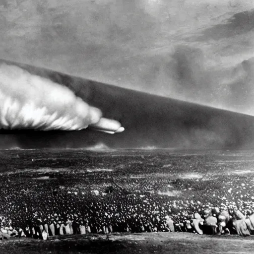 Prompt: cinematic photo of a lot of zeppelins. the zeppelins are clustered together in the air. the zeppelins are gathered around an active volcano on an island to observe it.