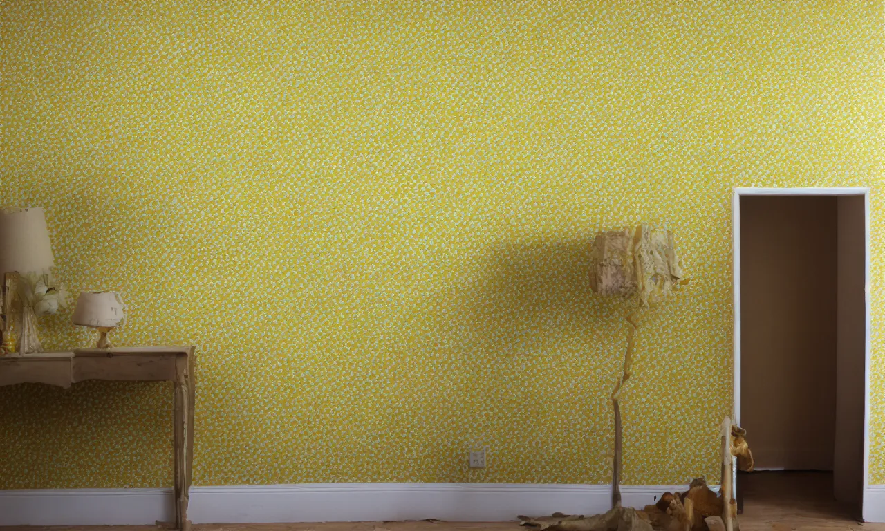 Image similar to mono yellow wallpaper with damp carpet sort of damaged