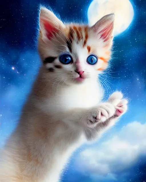 Image similar to a kitten on a rocket, photo, ultra detail, photoreal, professionally retouched, soft moonlight lighting, shiny plastic bikini, realistic, smooth face, goddess, luscious lips, perfect eyes, wide angle, sharp focus on eyes, 8 k high definition, insanely detailed, intricate, elegant, art by artgerm and wlop