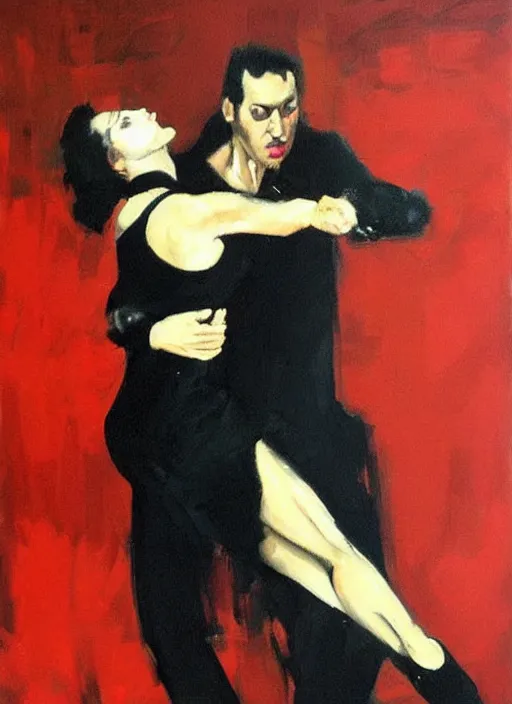 Prompt: tango dancerin in red and black dress, painting by phil hale, fransico goya,'action lines '!!!, graphic style, visible brushstrokes, motion blur, blurry, sensual, visible paint texture, crisp hd image