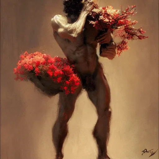 Image similar to A shy satyr holding a bundle of flowers. By Craig Mullins. By Ilya Repin. By Ruan Jia.