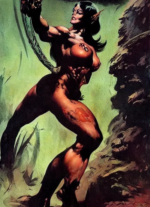 Image similar to female vetala, strong line, deep color, beautiful! coherent! by frank frazetta, high contrast