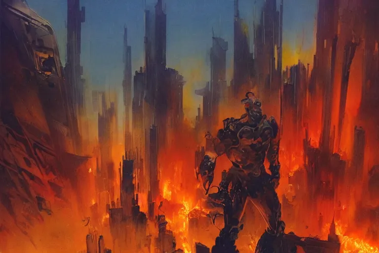 Image similar to a hero who makes things explode by looking at them standing in front of a burning city, concept art by Peter Andrew Jones