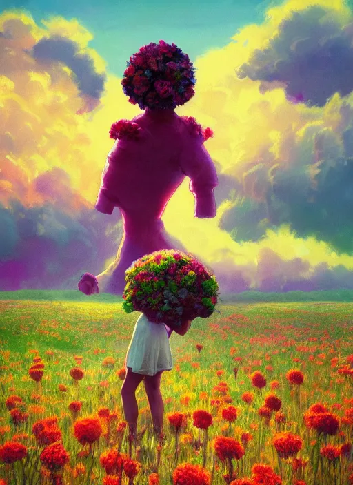 Prompt: woman with a giant carnation head, flower field, surreal photography, sunset dramatic light, impressionist painting, colorful clouds, blue sky, digital painting, artstation, simon stalenhag