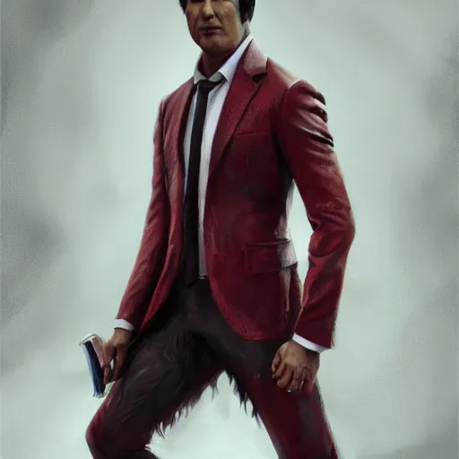 Image similar to portrait of rajesh hamal upper body in bloody business suit, blood red eyes, vampire fangs, fantasy, intricate, elegant, highly detailed, digital painting, artstation, concept art, matte, sharp focus, illustration, art by aenaluck and roberto ferri and greg rutkowski, epic fantasy, digital painting