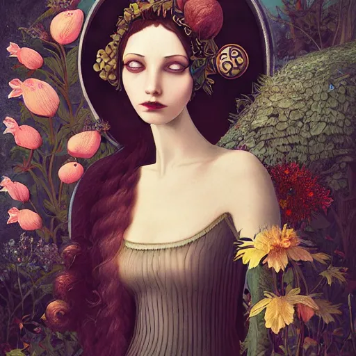 Image similar to a detailed portrait of young woman in renaissance dress and a surreal renaissance headdress, very surreal garden, cyberpunk, surreal tea party, strange creatures, by christian schloe and botticelli, naotto hattori, amy sol, roger dean, moody colors