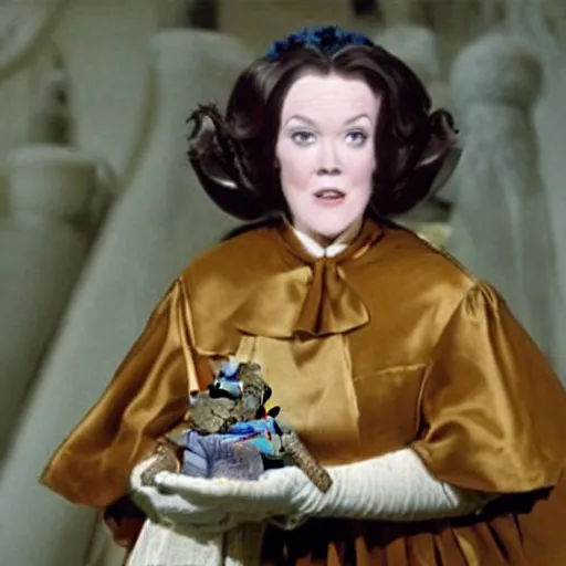 Prompt: Catherine O’Hara as Moira Rose, holding a toad