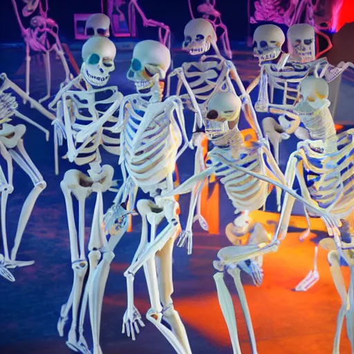 Image similar to photo, a giant crowd of realistic anatomically correct claymation skeletons dancing sensually and cool inside a colorful futuristic night club, blue edge lighting