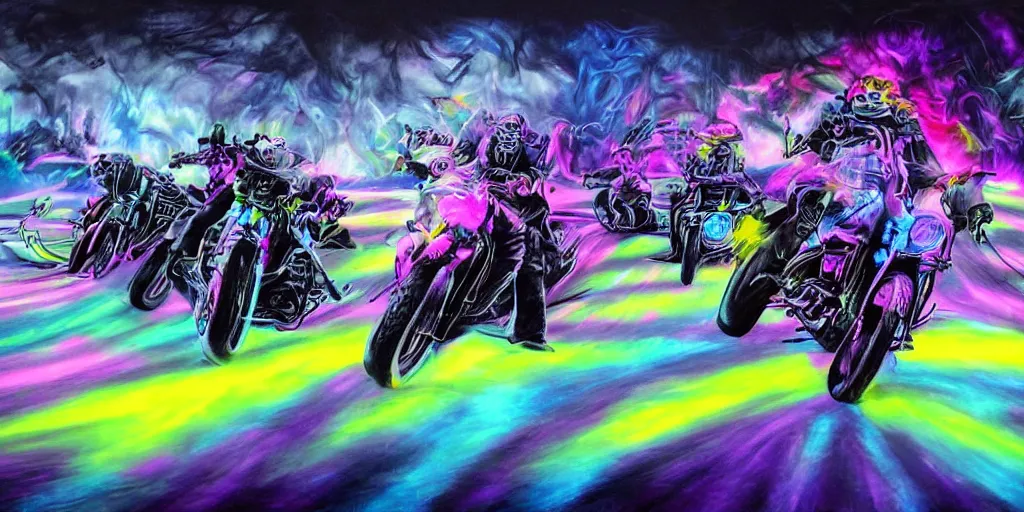 Image similar to psychedelic blacklight airbrush artwork, motorcycles, hyper stylized action shot of orc bikers racing on motorcycles, menacing orcs, drifting, skidding, wheelie, clear focused details, soft airbrushed artwork, black background, post - apocalypse, cgsociety, artstation