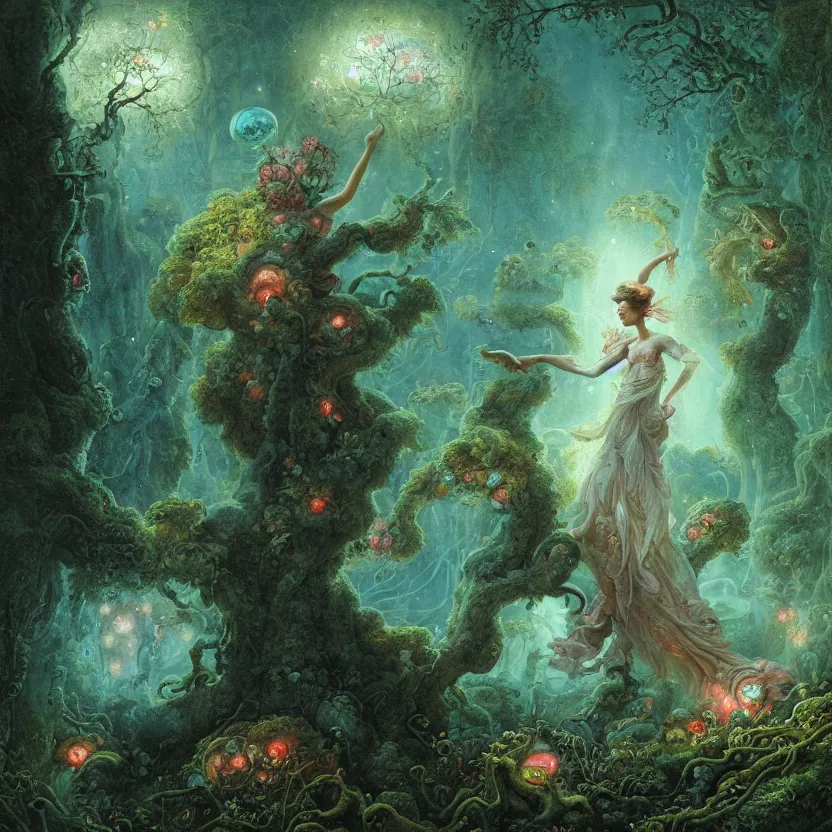 Prompt: a close - up rococo portrait of a dark alien fairy. giant glowing eyes. surrounded by moss, mushrooms, and swamp, 1 8 th century painting by jean - honore fragonard and moebius. fireflies, night time. gloomy blue green environment, blurry organic dark background. sci - fi fantasy renaissance masterpiece. artstation