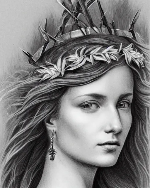 Image similar to pencil drawing of a beautiful greek goddess aphrodite wearing a laurel wreath and arrowhead earrings, beautiful confident eyes, beautiful flowing hair, hyper realistic face, in the style of greg rutkowski, fantasy, amazing detail, epic, elegant, smooth, sharp focus, from the front, long shot