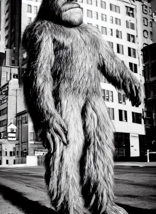 Prompt: photorealistic photograph of bigfoot, 3 5 mm film, fuji, leica s, bigfoot, nyc, in the style of fashion photography, intricate, golden hour