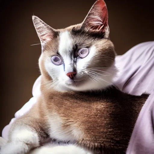 Image similar to snowshoe cat sleeping on a human's lap, wide angle shot, high resolution, cinematic lighting, glitter falling from the top of the photograph,