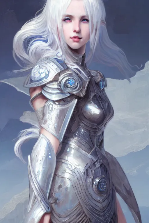 Image similar to portrait white hair knights of Zodiac girl, Sliver ice color reflected armor, in ruined Agora of Athens Sunrise, ssci-fi and fantasy, intricate and very very beautiful and elegant, highly detailed, digital painting, artstation, concept art, smooth and sharp focus, illustration, art by tian zi and WLOP and alphonse mucha