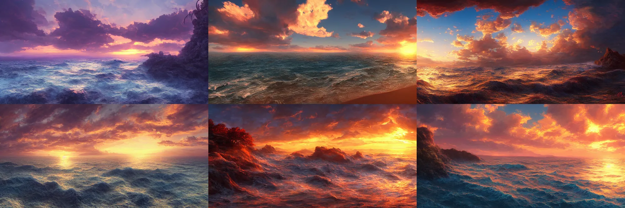 Prompt: sperical hdri map, epic fantasy, ocean, mattepainting, octane, warm sundown, fall vibrancy, swirly clouds, by makoto shinkai, by wu daozi