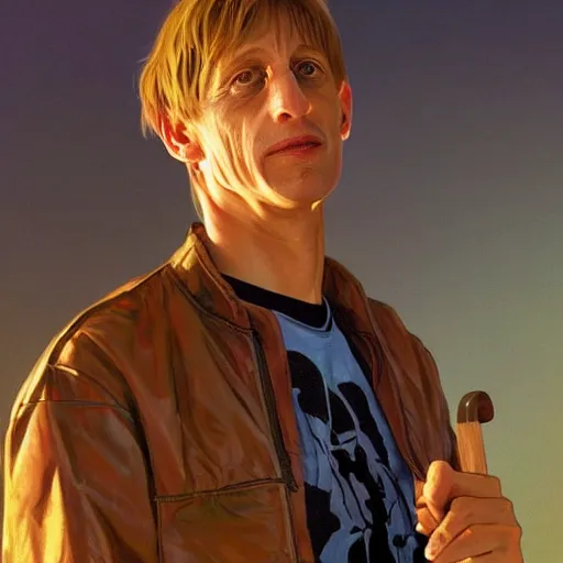 Prompt: clear portrait of tony hawk holding a skateboard, golden hour background, cottagecore!!, hyper detailed, character concept, full body, dynamic pose, intricate, elegant, highly detailed, digital painting, artstation, concept art, smooth, sharp focus, illustration, art by artgerm and greg rutkowski and alphonse mucha