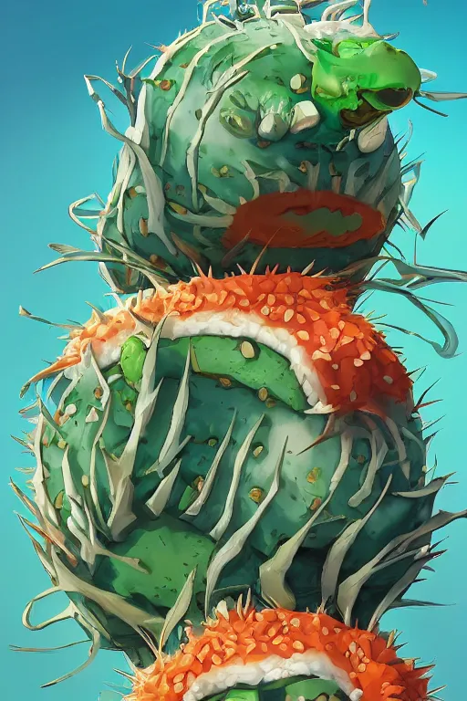 Image similar to 3 d render creature animal sushi cristal very big eye roots cactus elemental flush of force nature micro world fluo fishscale, comics gta 5 cover, official fanart behance hd artstation by jesper ejsing, by rhads, makoto shinkai and lois van baarle, ilya kuvshinov, ossdraws