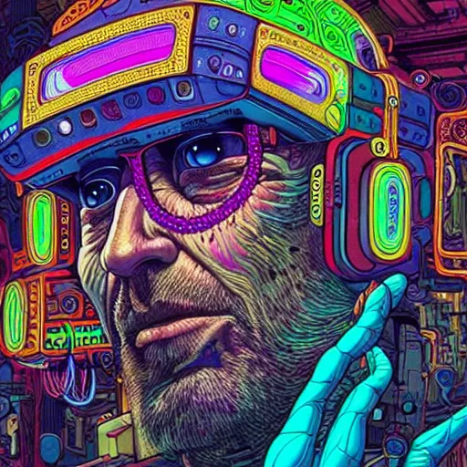 Prompt: Colour Photography of 1000 years old man with highly detailed 1000 years old face wearing higly detailed cyberpunk VR Headset by Josan Gonzalez . in style of Josephine Wall
