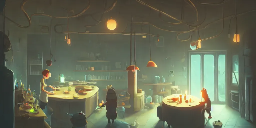 Image similar to cute solitary kitchen dim lit by a candle ripped physique simon stalenhag gerald brom bastien grivet by greg rutkowski, game background, fisheye lens, high angle view