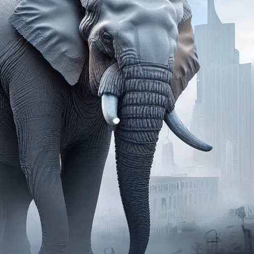 Image similar to lovecraftian elephant with tendrils invading a city, hyperrealistic