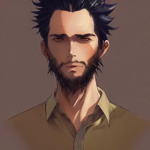 Prompt: An anime portrait of a man with very short wavy black hair, brown eyes, stubble, wearing a shirt, medium shot, whole head, by Stanley Artgerm Lau, WLOP, Rossdraws, James Jean, Andrei Riabovitchev, Marc Simonetti, and Sakimi chan, trending on artstation