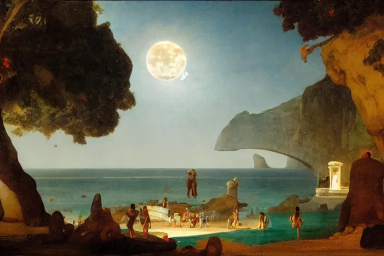 Prompt: The giant greek arch, refracted moon on the ocean, thunderstorm, greek pool, beach and Tropical vegetation on the background major arcana sky and occult symbols, by paul delaroche, hyperrealistic 4k uhd, award-winning, very detailed paradise