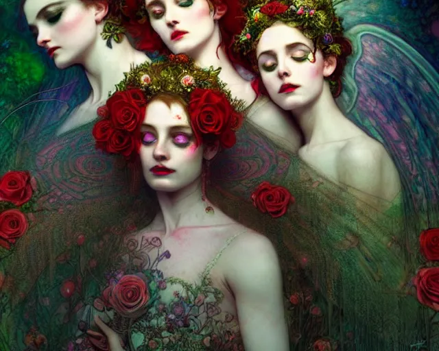 Image similar to three stunning goddesses with beautiful angelic faces, wearing psychedelic wicca, in wedding dresses, red neon roses, full body, dark and mysterious, atmospheric, ominous, eerie, cinematic light, epic, 8 k 3 d, ultra detail, ultra realistic, by wlop, by mucha, by giger