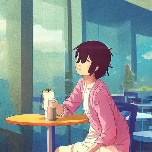 Prompt: biblically accurate angel sitting in a chair at a cafe, digital art, detailed, colourful by Makoto Shinkai