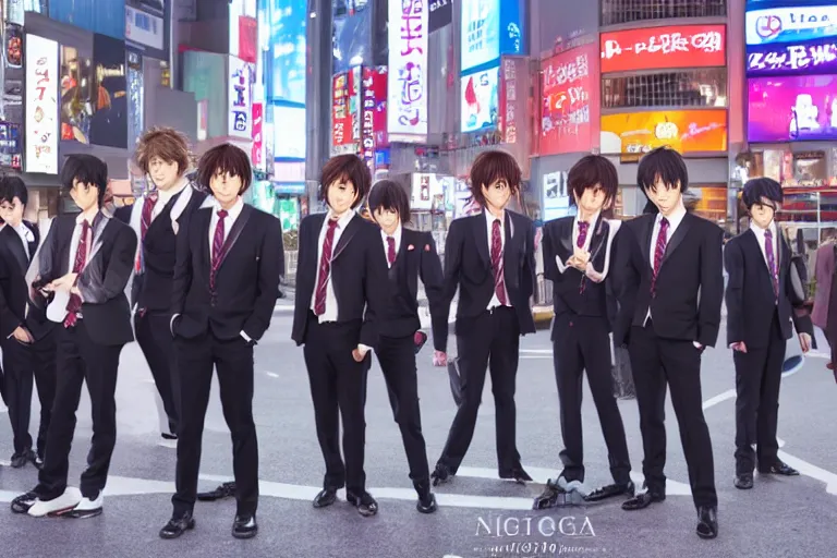 Prompt: ouran highschool host club at shibuya crossing, red weapon 8 k s 3 5, cooke anamorphic / i lenses, highly detailed, cinematic lighting