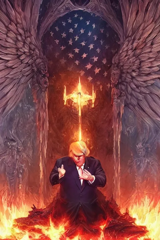 Image similar to Donald Trump praying to the Dark Gods at the unholy temple of DarkMAGA, highly detailed, digital art by Ross Tran and Greg Rutkowski