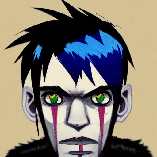 Image similar to a man with messy blue hair and all - black eyes, portrait, gorillaz style, jamie hewlett