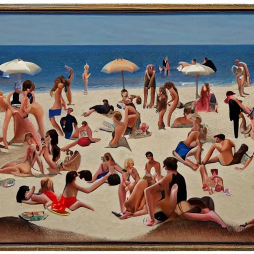 Prompt: an art piece depicting a social gathering on a beach in the style of richard hamilton
