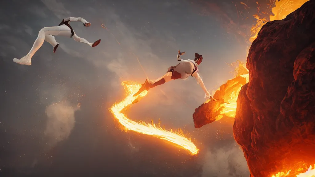 Prompt: a man in white tights flies from volcano and flame Magnetic field, intricate, highly detailed, artstation trending, ray tracing, cinematic, art by andrey surnov, concept art,