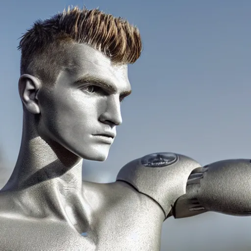 Image similar to a realistic detailed photo of a guy who is an attractive humanoid who is half robot and half humanoid, who is a male android, soccer player timo werner, shiny skin, posing like a statue, blank stare, by the pool, on display, showing off his muscles, humanoid robot, frozen ice statue, made of ice