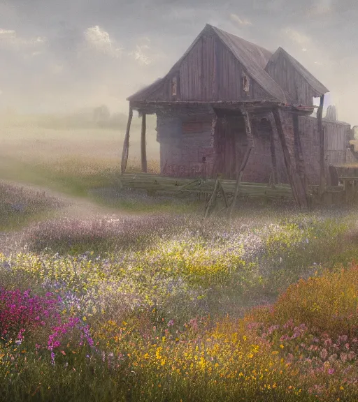 Image similar to a matte painting of a biroremediation architecture, prairie, cottage town, foggy, patchy flowers, oil painting, pale colors, high detail, 8 k, wide angle, trending on artstation,
