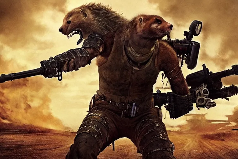 Image similar to a good ol'weasel fursona ( from the furry fandom ), heavily armed and armored facing down armageddon in a dark and gritty version from the makers of mad max : fury road. witness me.