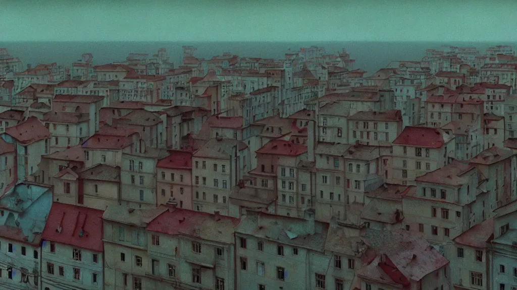 Prompt: the talked about town, film still from the movie directed by Wes Anderson with art direction by Zdzisław Beksiński, wide lens