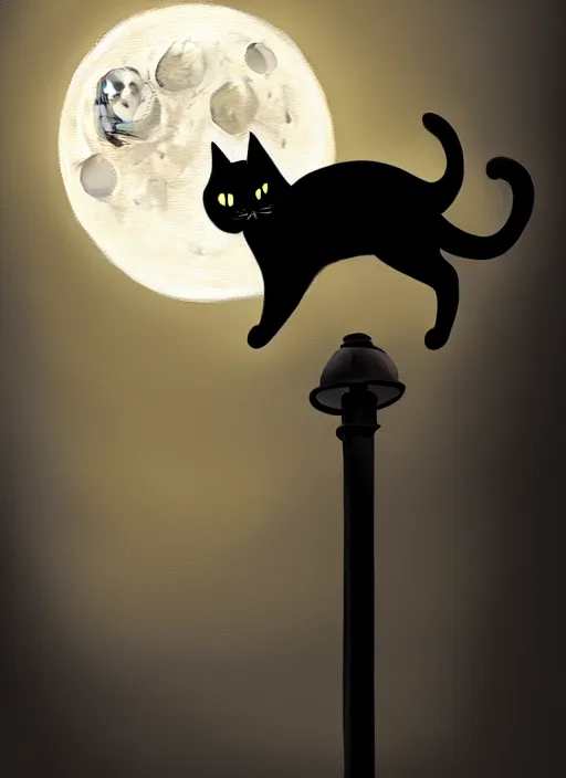 Prompt: black cat, moon, road, streetlight, fantasy, intricate, elegant, highly detailed, lifelike, photorealistic, digital painting, artstation, illustration, concept art, smooth, sharp focus