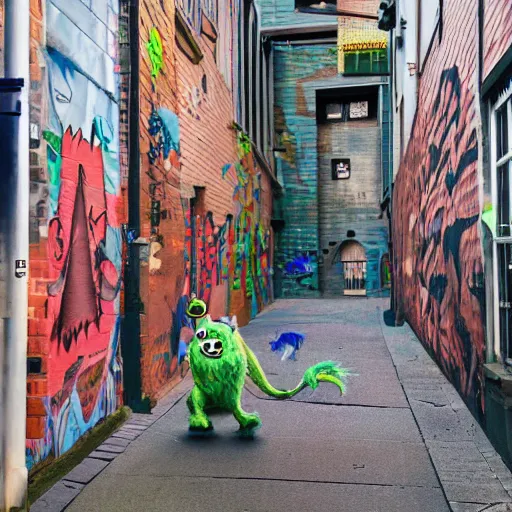 Image similar to little crazy monsters, furry creatures, monster emotional monsters and creatures in the city alleyway with graffiti, in the style of Johfra and Shaun Tan