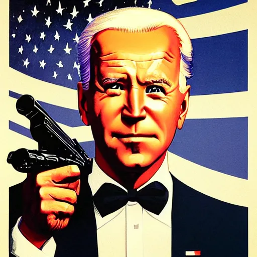 Image similar to propaganda poster of joe biden pointing gun directly at camera in james bond mobie, closeup of gun, visible barrel and grip by j. c. leyendecker, bosch, lisa frank, jon mcnaughton, and beksinski