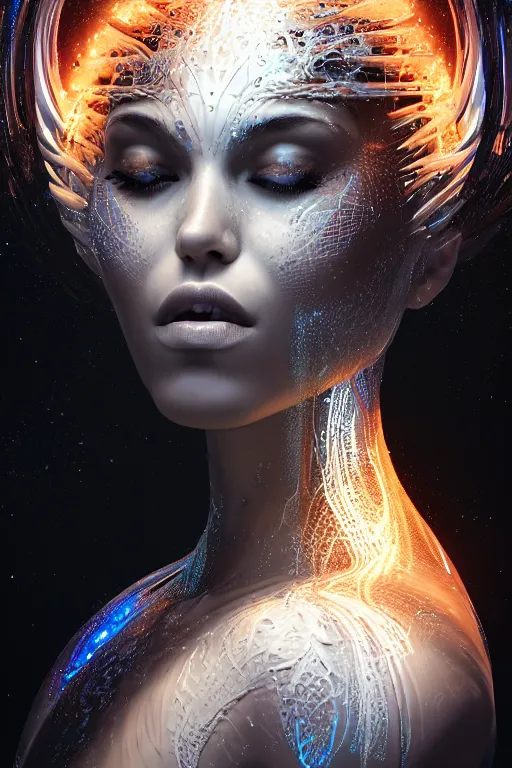 Image similar to a centered profile render of an alluring futuristic goddess with digital modifications surrounded by a underwater ink pour and flowing liquid gallium and complex sacred geometry, perfect body and face, powerful, cinematic, beautifully lit, by artgerm, by karol bak, 3 d, trending on artstation, octane render, 8 k