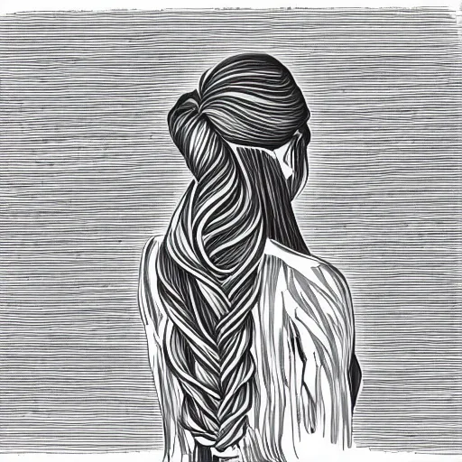 Prompt: a black and white drawing of the silhouette of a woman with long curly in a ponytail hair using a dress