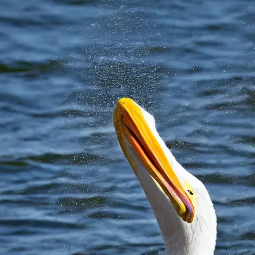 Image similar to awardwinning nature photography portrait of a white pelican in full flight above the ocean as seen from below. extremely highly detailed beak