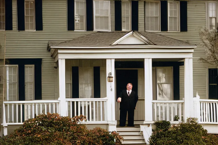 Prompt: cinematic film still from 1994 film: portly clean-shaven white man wearing suit and necktie standing on the front porch of his house. XF IQ4, f/1.4, ISO 200, 1/160s, 8K, RAW, dramatic lighting, symmetrical balance, in-frame