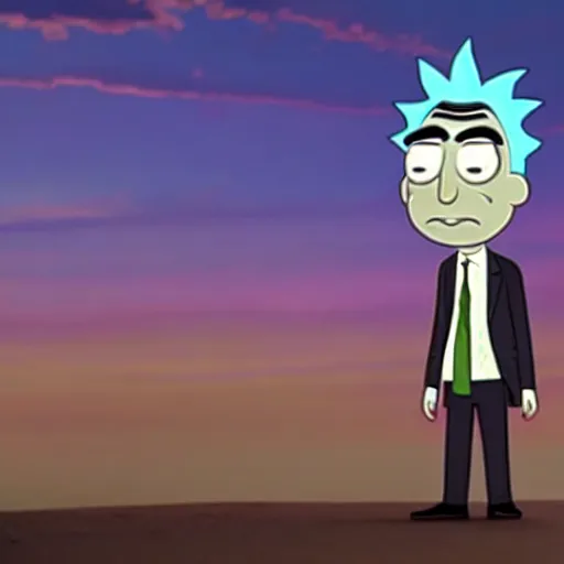 Image similar to mr. bean as rick sanchez from rick n morty. movie still. cinematic lighting.