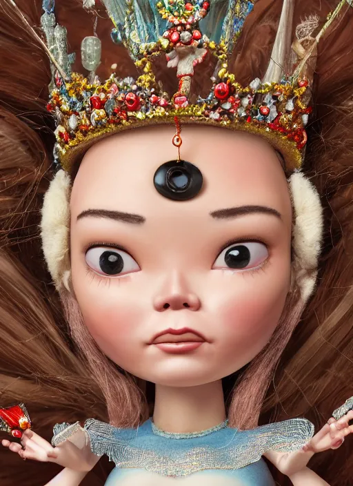 Image similar to closeup face profile portrait of tin toy bjork as a fairytale princess wearing a crown eating cakes, bikini, depth of field, zeiss lens, detailed, symmetrical, centered, fashion photoshoot, by nicoletta ceccoli, mark ryden, lostfish, breathtaking, 8 k resolution, extremely detailed, beautiful, establishing shot, artistic, hyperrealistic, octane render