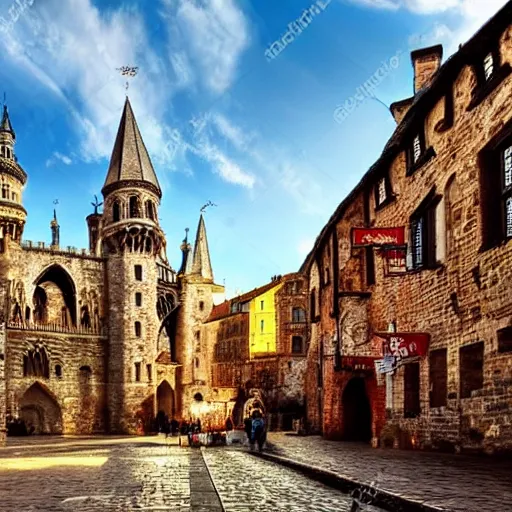 Prompt: a beautiful medieval city with countless arches and towers, widescreen, magical, fantasy art, colourful sky